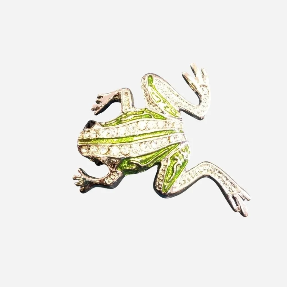 Green Frog Brooch With Silver And Rhinestone Accents